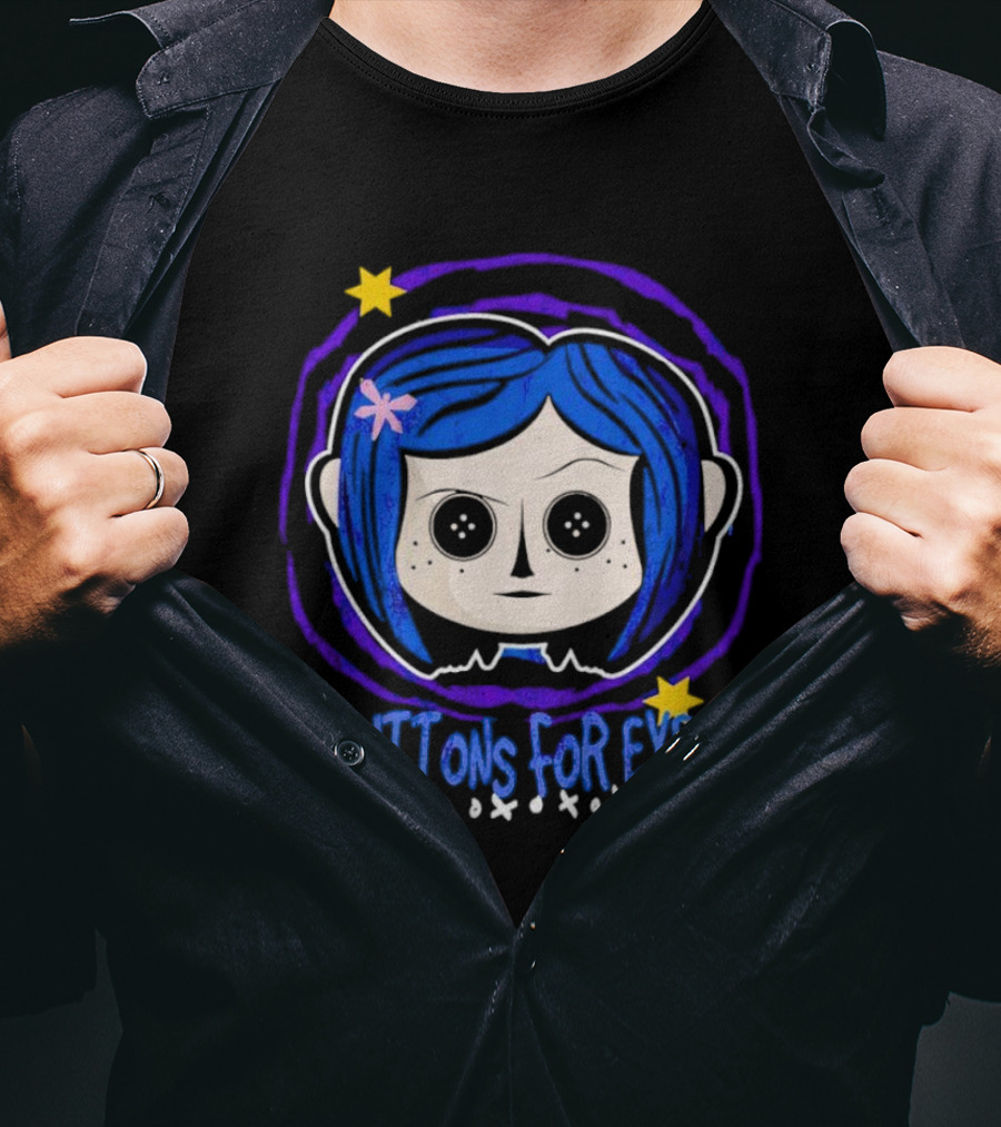 Buttons For Eyes Blue Haired Character With Stars T-Shirt