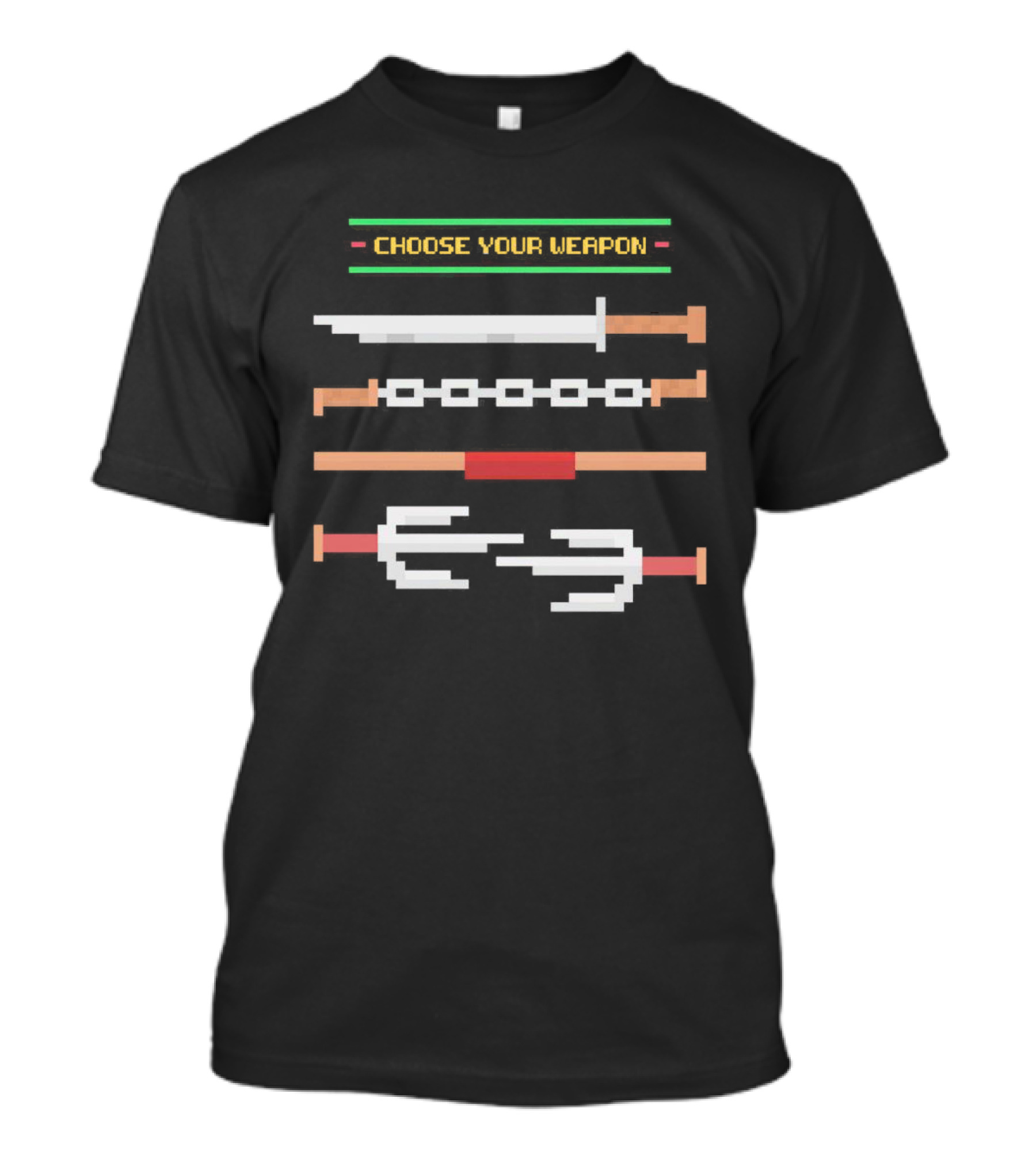 Choose Your Weapon 8-Bit Swords Nunchucks Sai Pixel T-Shirt