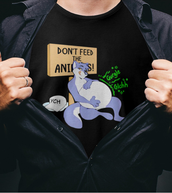 Don't Feed The Animals Gurgle Glchh YCH Sign With Full-Bellied Purple Cartoon Character T-Shirt