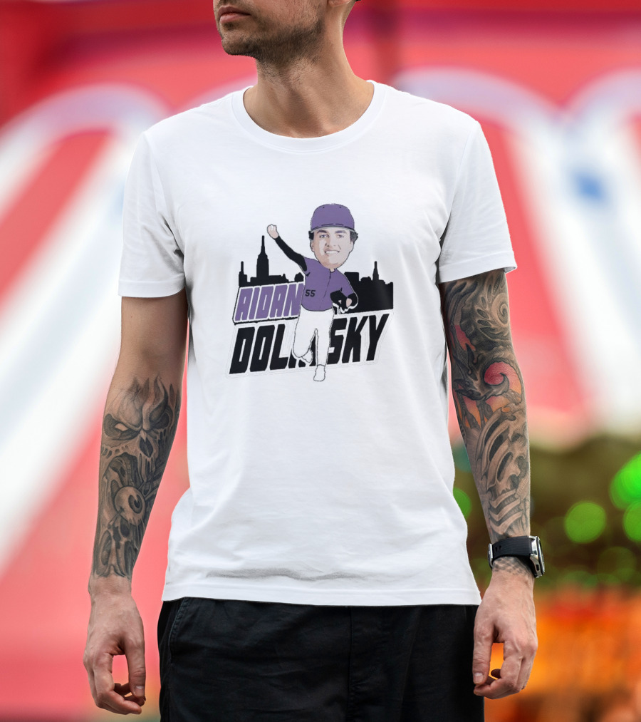 Aidan Dolinsky 55 Purple Baseball Caricature with City Skyline T-Shirt