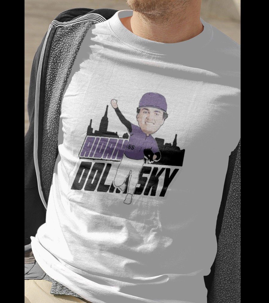 Aidan Dolinsky 55 Purple Baseball Caricature With City Skyline T-Shirt