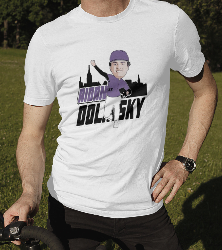 Aidan Dolinsky 55 Purple Baseball Caricature With City Skyline T-Shirt