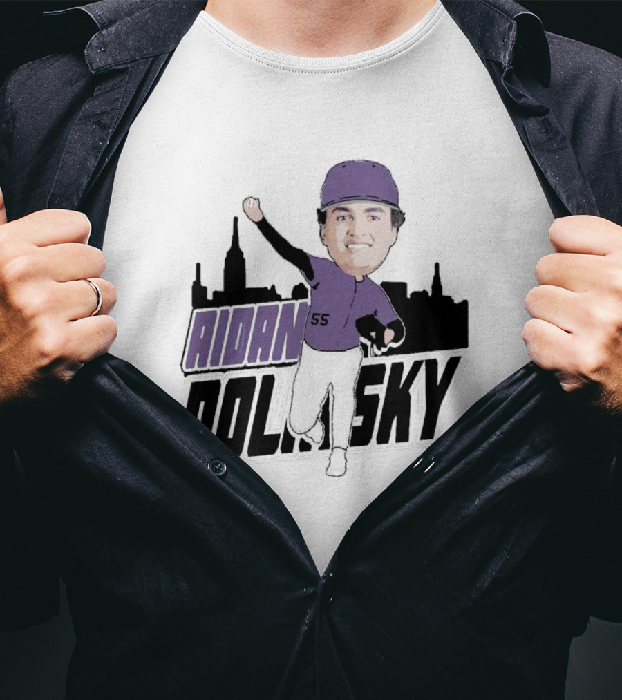 Aidan Dolinsky 55 Purple Baseball Caricature With City Skyline T-Shirt