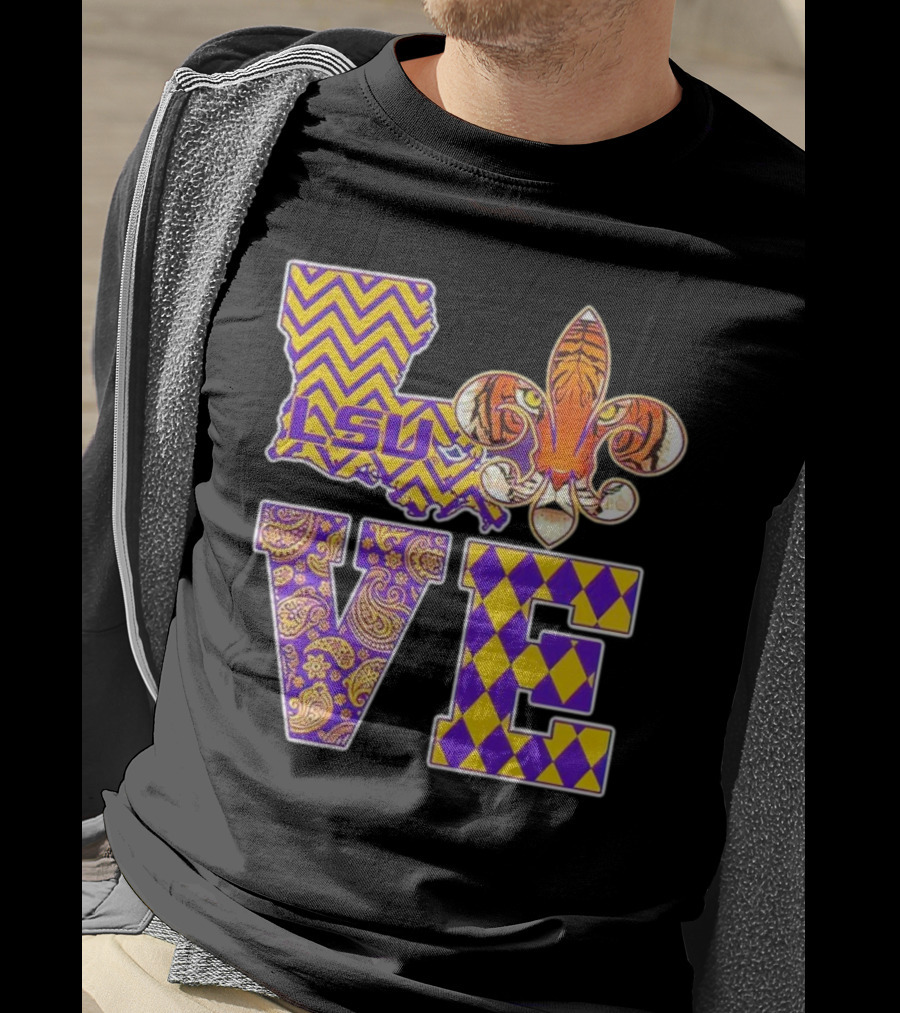 LSU Tigers Love Fleur De Lis Louisiana Purple Gold Chevron Paisley Harlequin T-Shirt