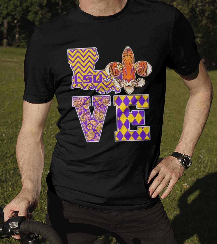 LSU Tigers Love Fleur De Lis Louisiana Purple Gold Chevron Paisley Harlequin T-Shirt