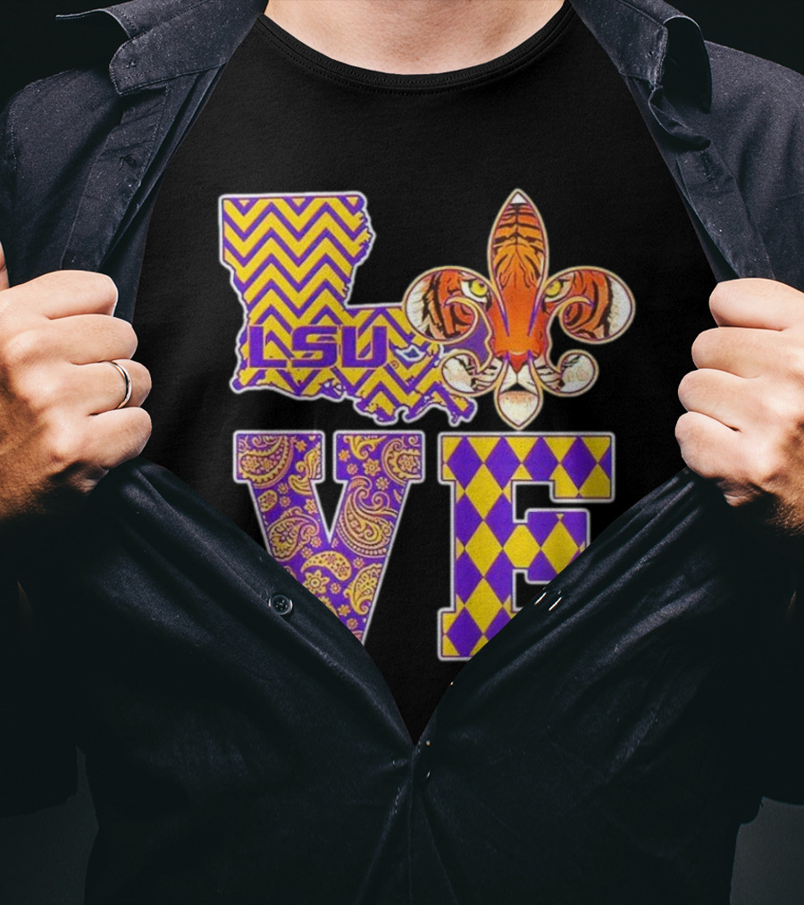 LSU Tigers Love Fleur De Lis Louisiana Purple Gold Chevron Paisley Harlequin T-Shirt