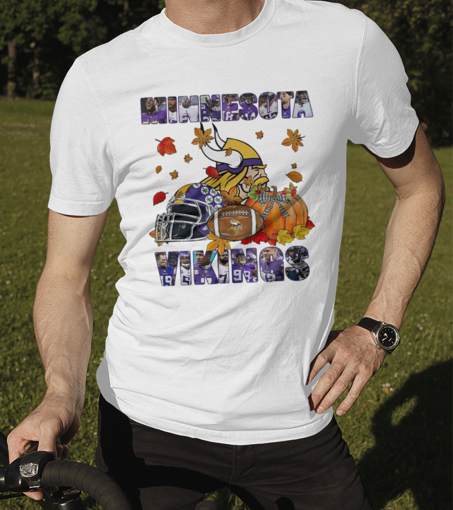 Minnesota Vikings Football Fall Leaves Helmet Pumpkin T-Shirt