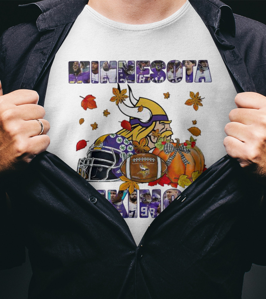 Minnesota Vikings Football Fall Leaves Helmet Pumpkin T-Shirt
