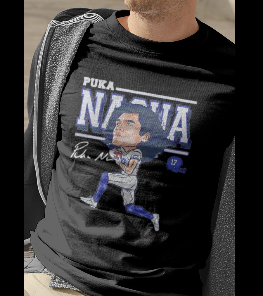 Puka Nacua Los Angeles 17 Cartoon Autograph Football T-Shirt