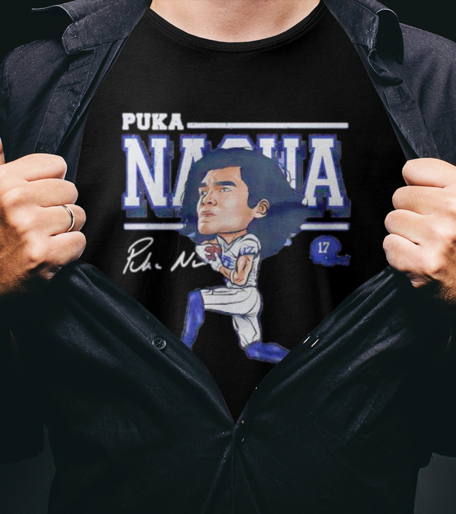 Puka Nacua Los Angeles 17 Cartoon Autograph Football T-Shirt