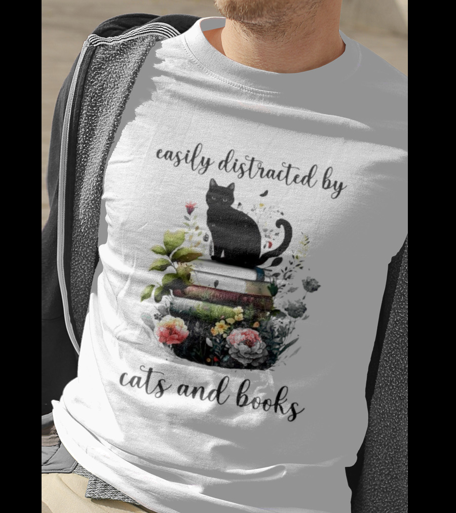 Easily Distracted By Cats And Books Black Cat On Stacked Books With Flowers T-Shirt