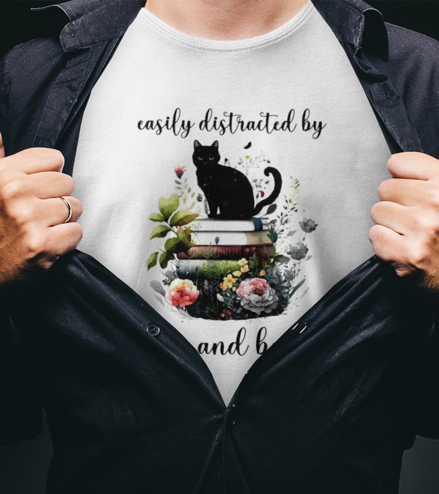 Easily Distracted By Cats And Books Black Cat On Stacked Books With Flowers T-Shirt