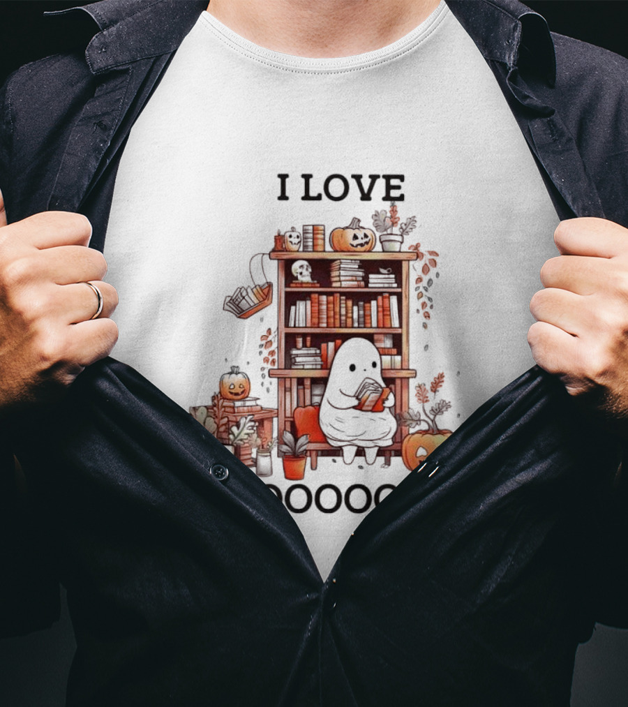 I Love Boooooks Ghost Reading With Pumpkins And Bookshelf Halloween T-Shirt