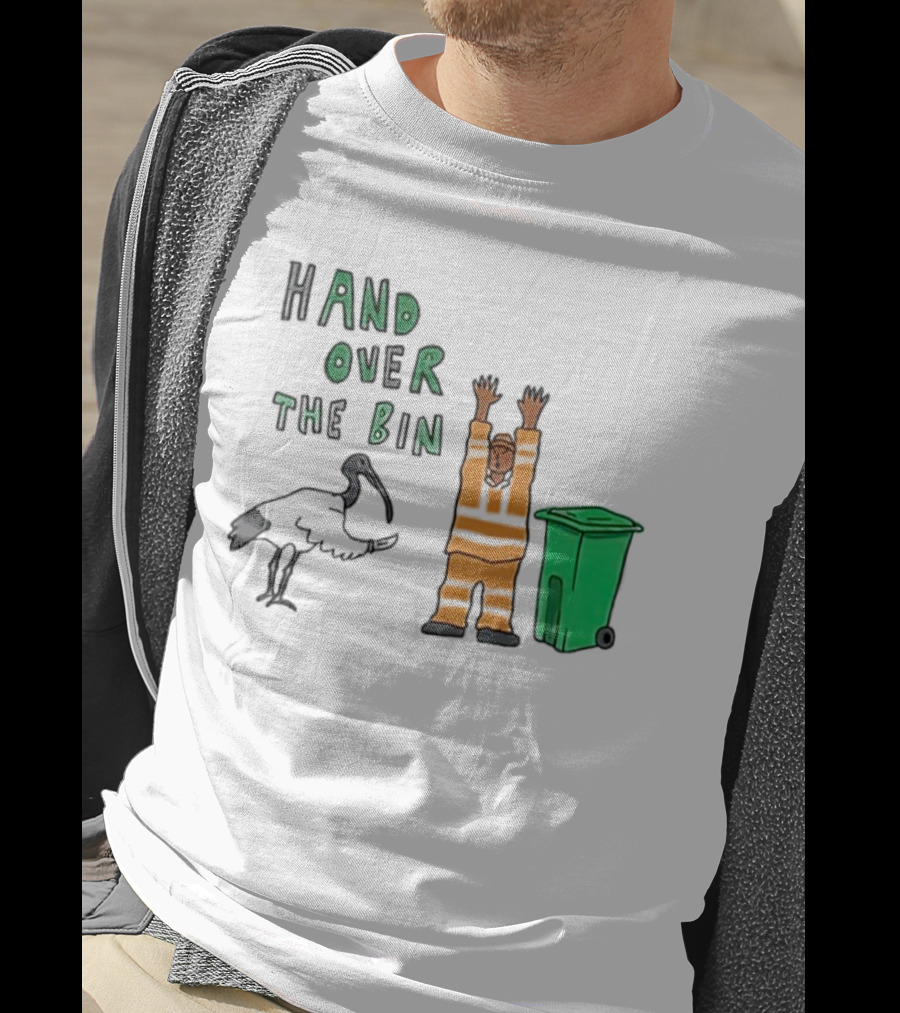 Hand Over The Bin Garbage Collector And Bird Cartoon Scene T-Shirt
