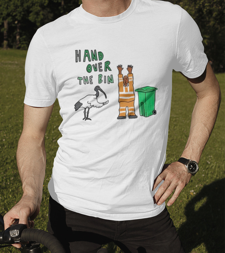 Hand Over The Bin Garbage Collector And Bird Cartoon Scene T-Shirt