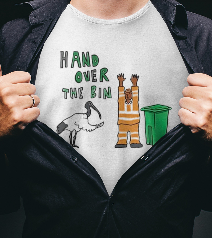 Hand Over The Bin Garbage Collector And Bird Cartoon Scene T-Shirt