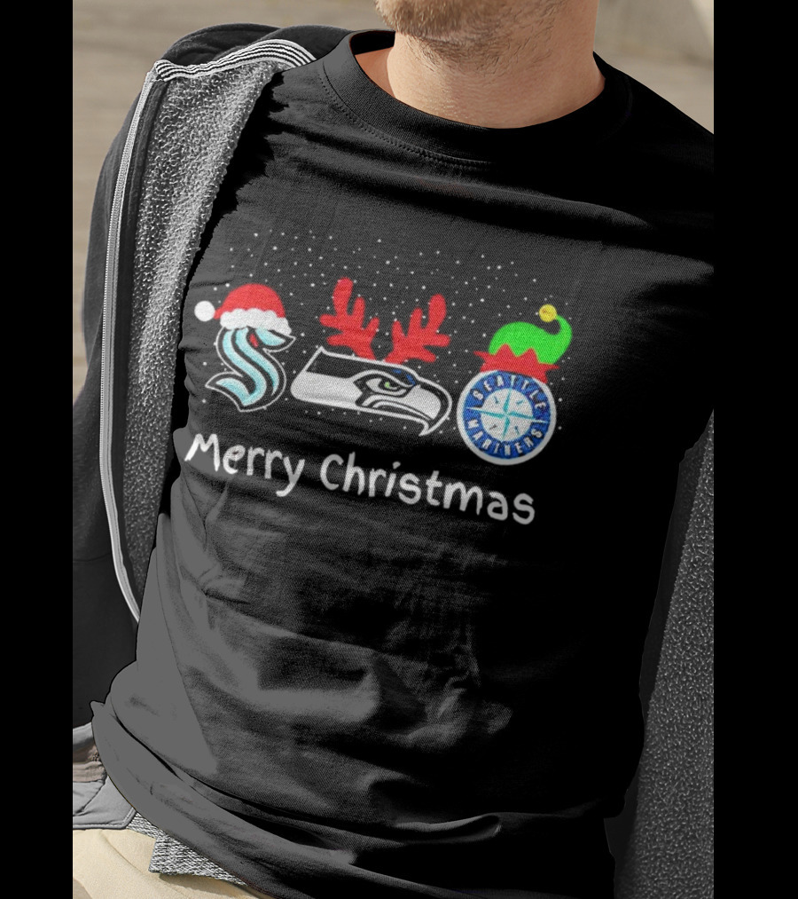 Seattle Kraken Seahawks Mariners Santa Reindeer Elf Merry Christmas T-Shirt