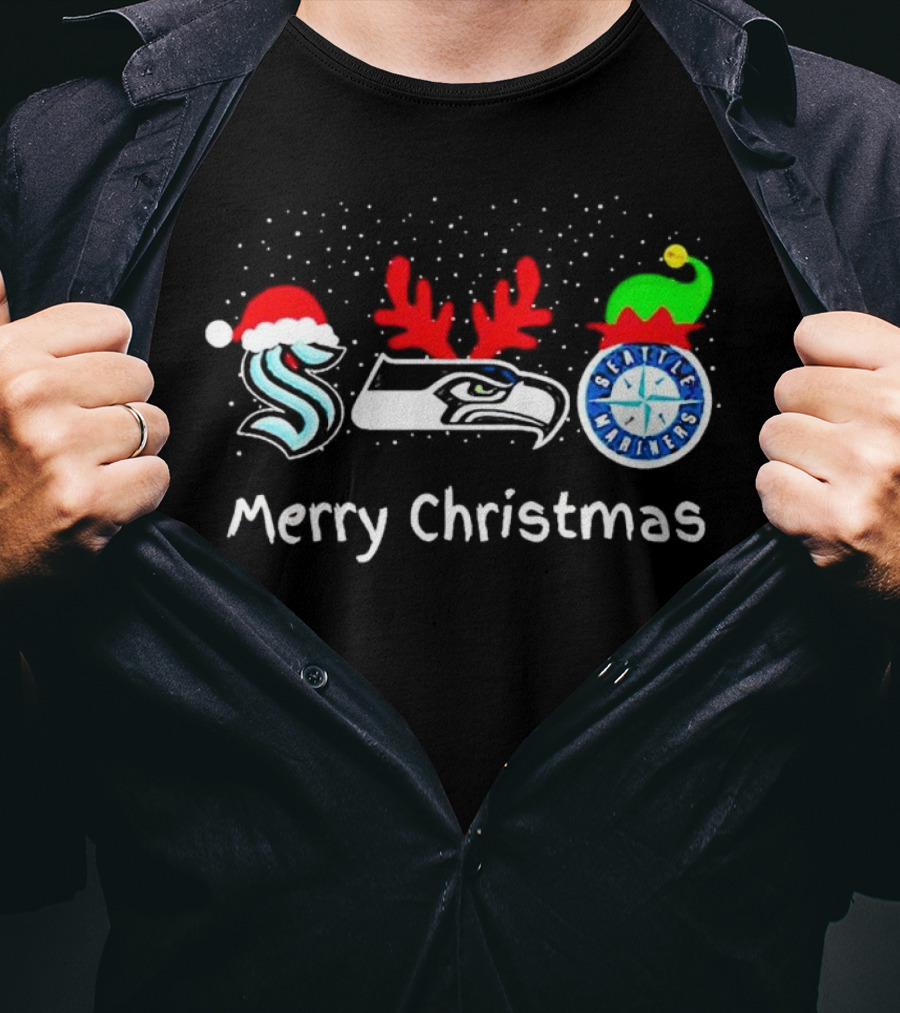 Seattle Kraken Seahawks Mariners Santa Reindeer Elf Merry Christmas T-Shirt
