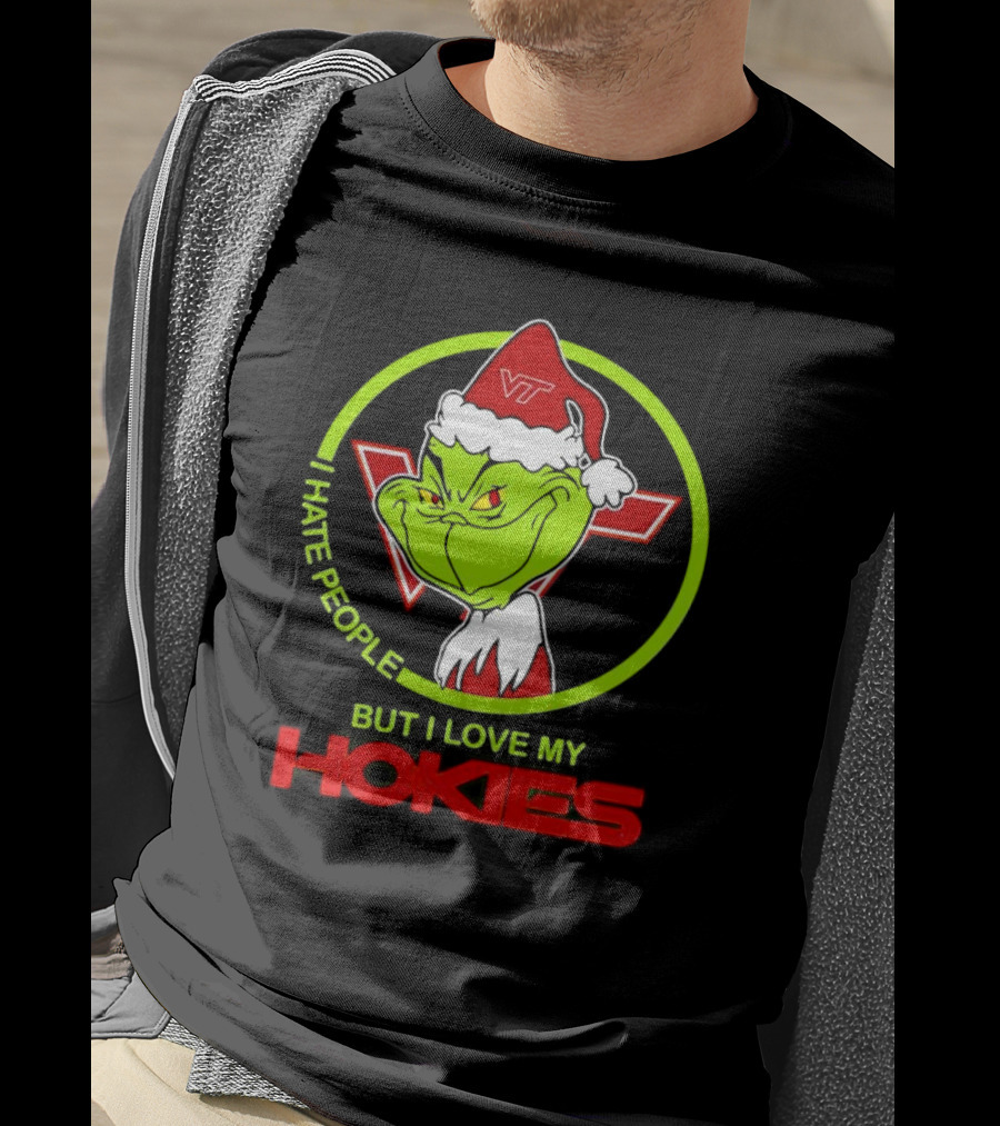 I Hate People Grinch Loves Hokies Christmas VT Santa Hat T-Shirt