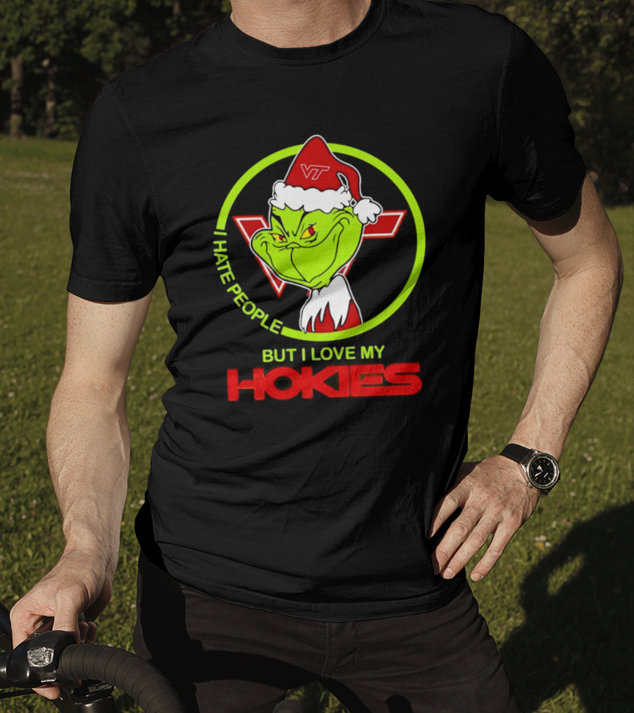I Hate People Grinch Loves Hokies Christmas VT Santa Hat T-Shirt