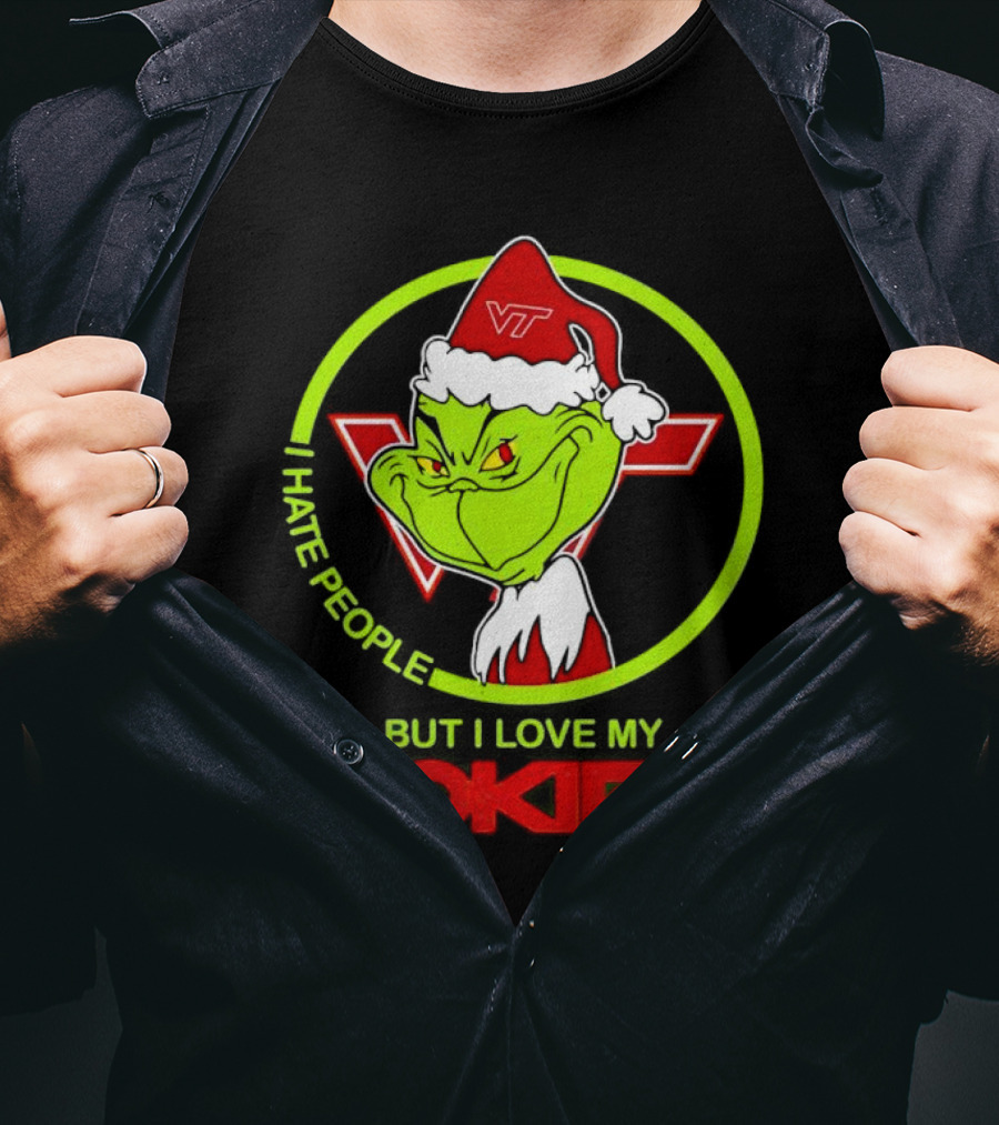 I Hate People Grinch Loves Hokies Christmas VT Santa Hat T-Shirt