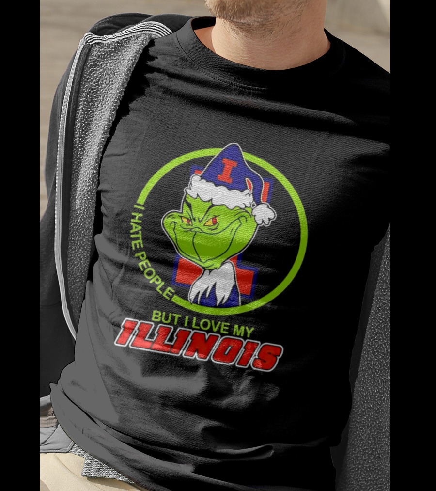 Grinch I Hate People But I Love My Illinois Holiday Spirit T-Shirt