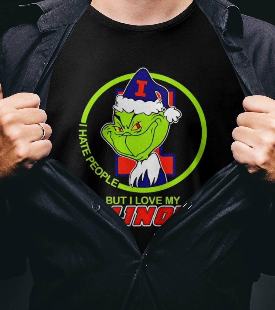 Grinch I Hate People But I Love My Illinois Holiday Spirit T-Shirt