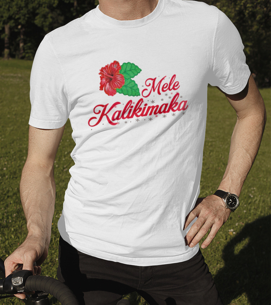 Mele Kalikimaka Red Hibiscus Flower With Green Leaves T-Shirt