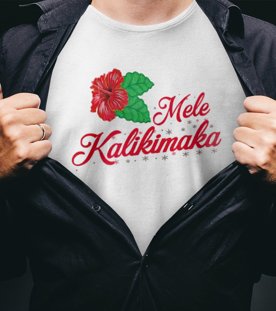 Mele Kalikimaka Red Hibiscus Flower With Green Leaves T-Shirt