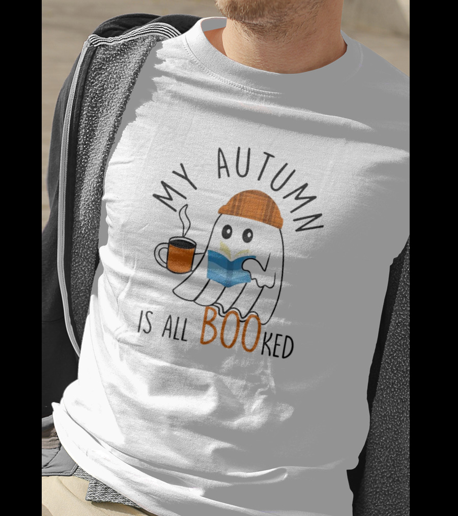 My Autumn Is All Booked Ghost Reading With Coffee And Plaid Hat T-Shirt