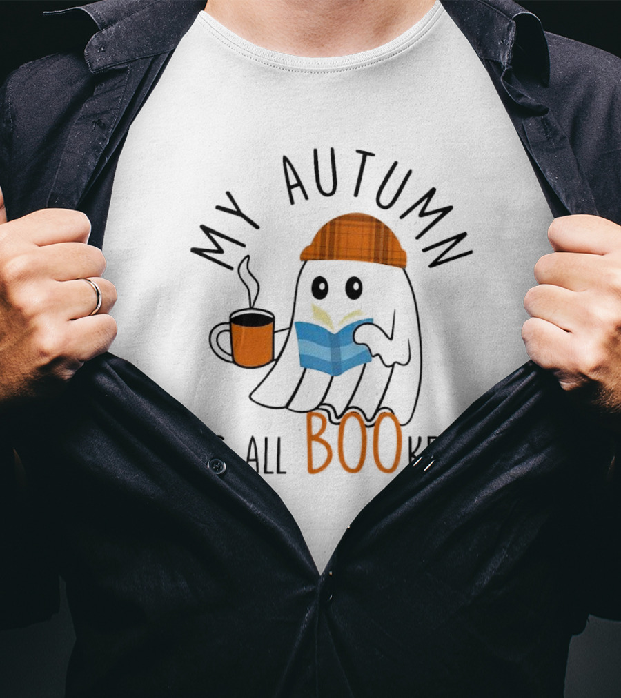 My Autumn Is All Booked Ghost Reading With Coffee And Plaid Hat T-Shirt