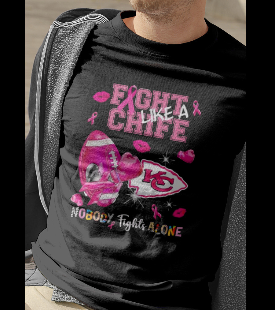 Fight Like A Chief Nobody Fights Alone Breast Cancer KC Pink Ribbon Football Gloves T-Shirt