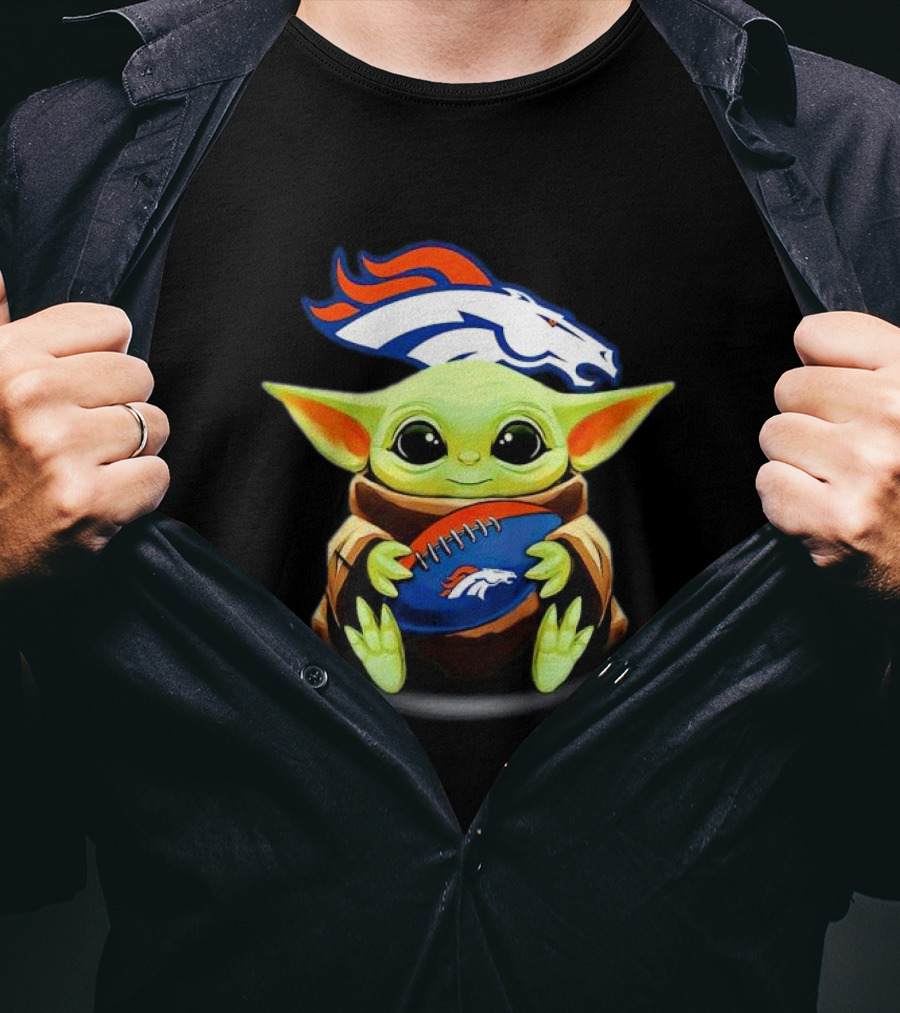 Baby Yoda Hugs Denver Broncos Football T-Shirt