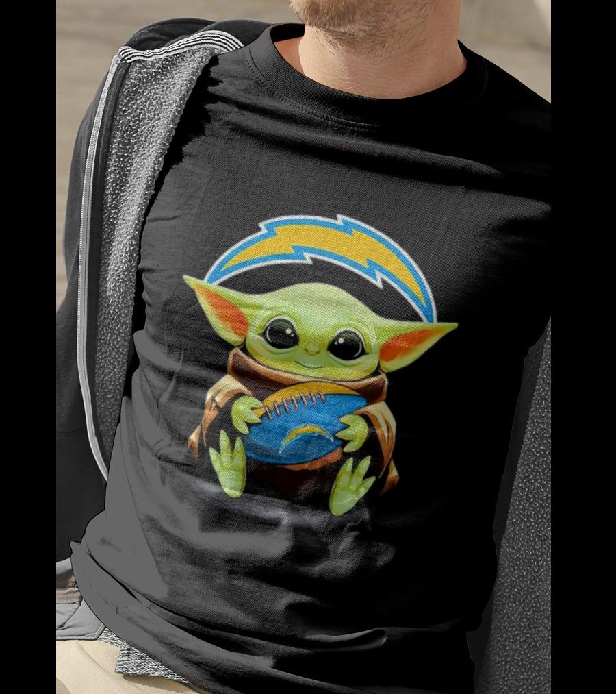 Baby Yoda Holding Los Angeles Chargers Football T-Shirt