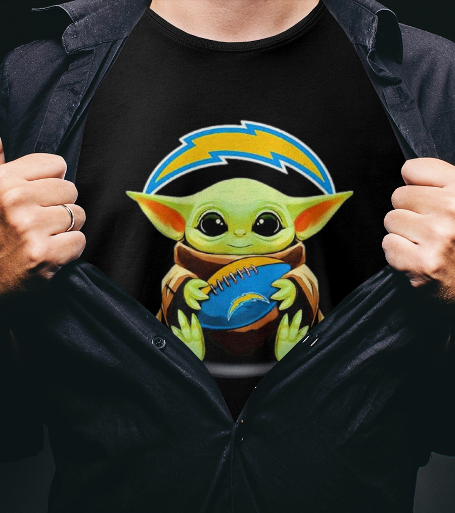 Baby Yoda Holding Los Angeles Chargers Football T-Shirt
