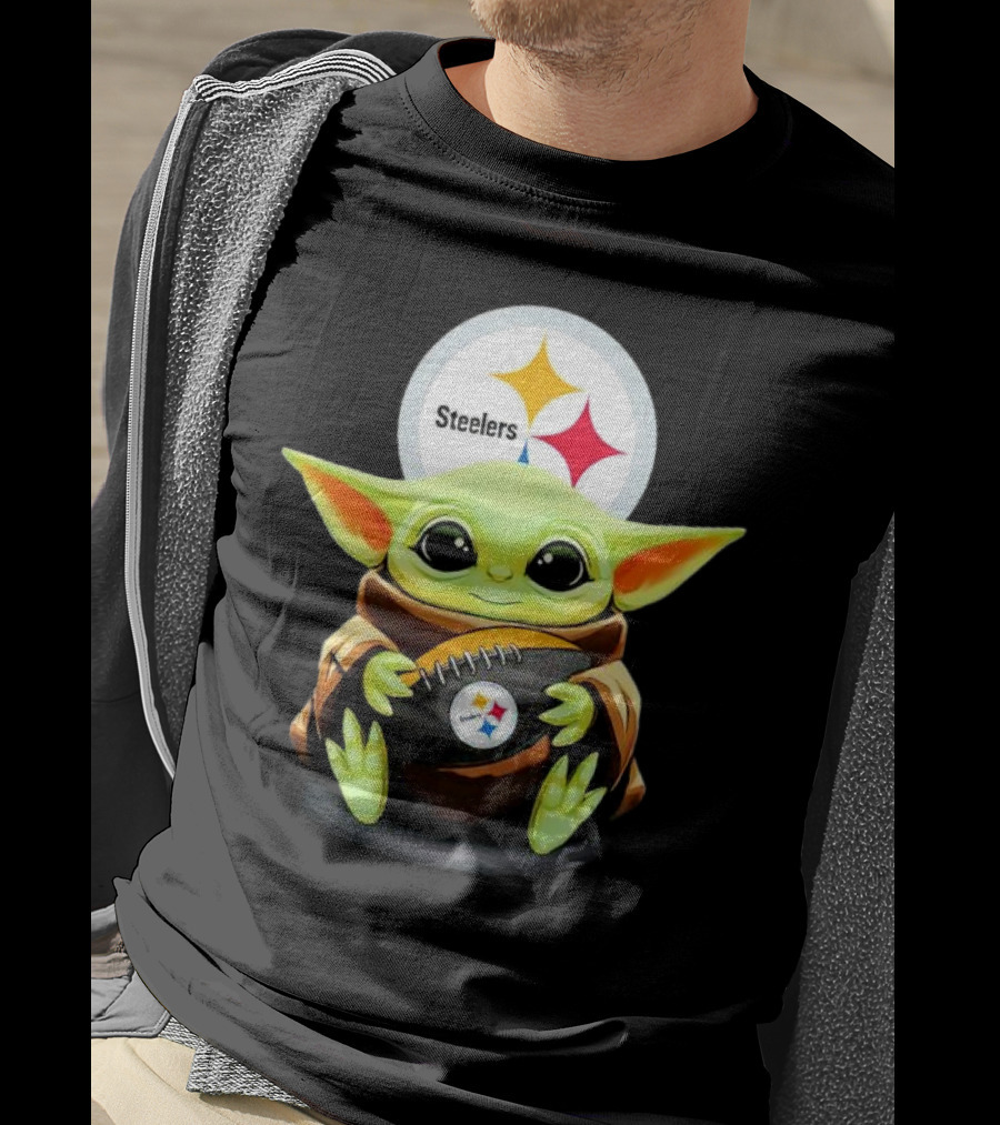 Baby Yoda Holding Pittsburgh Steelers Football T-Shirt
