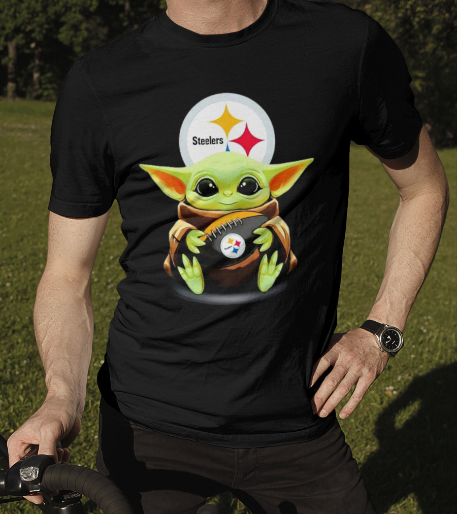 Baby Yoda Holding Pittsburgh Steelers Football T-Shirt