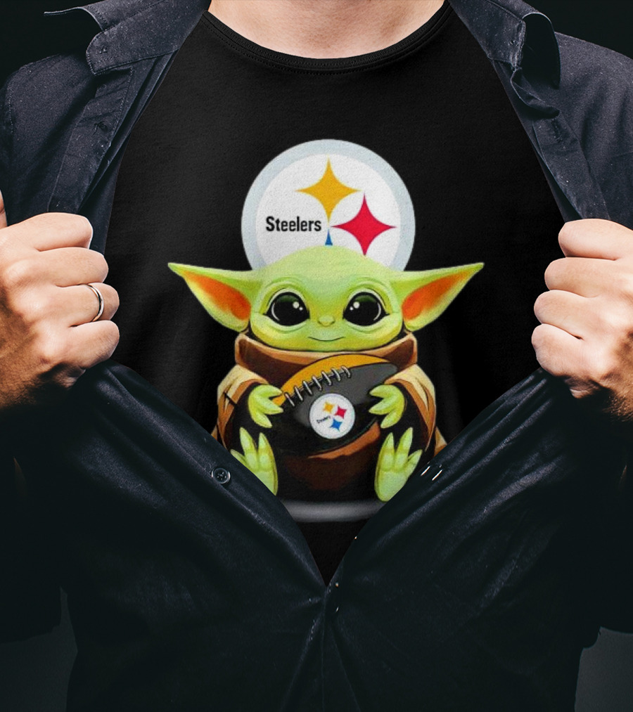 Baby Yoda Holding Pittsburgh Steelers Football T-Shirt