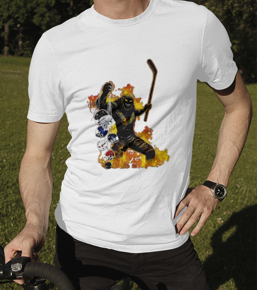 Evil Fire Hockey Player Holding Chicago Blackhawks And NHL Helmets T-Shirt