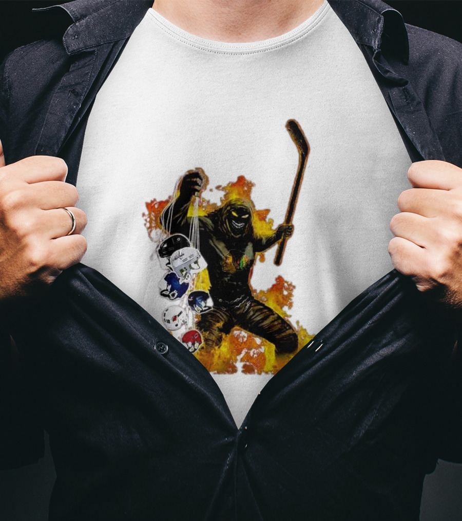 Evil Fire Hockey Player Holding Chicago Blackhawks And NHL Helmets T-Shirt