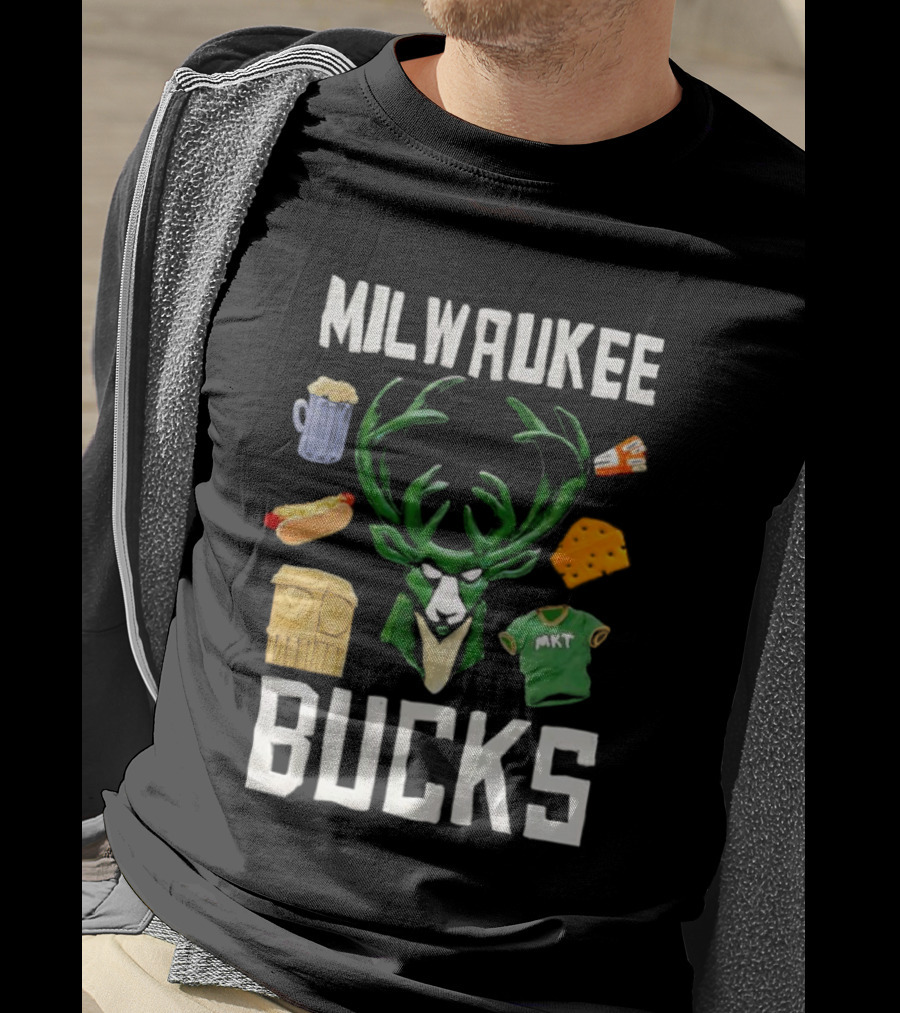 Milwaukee Bucks NBA Market Claymation Deer Cheese Hot Dog Beer T-Shirt
