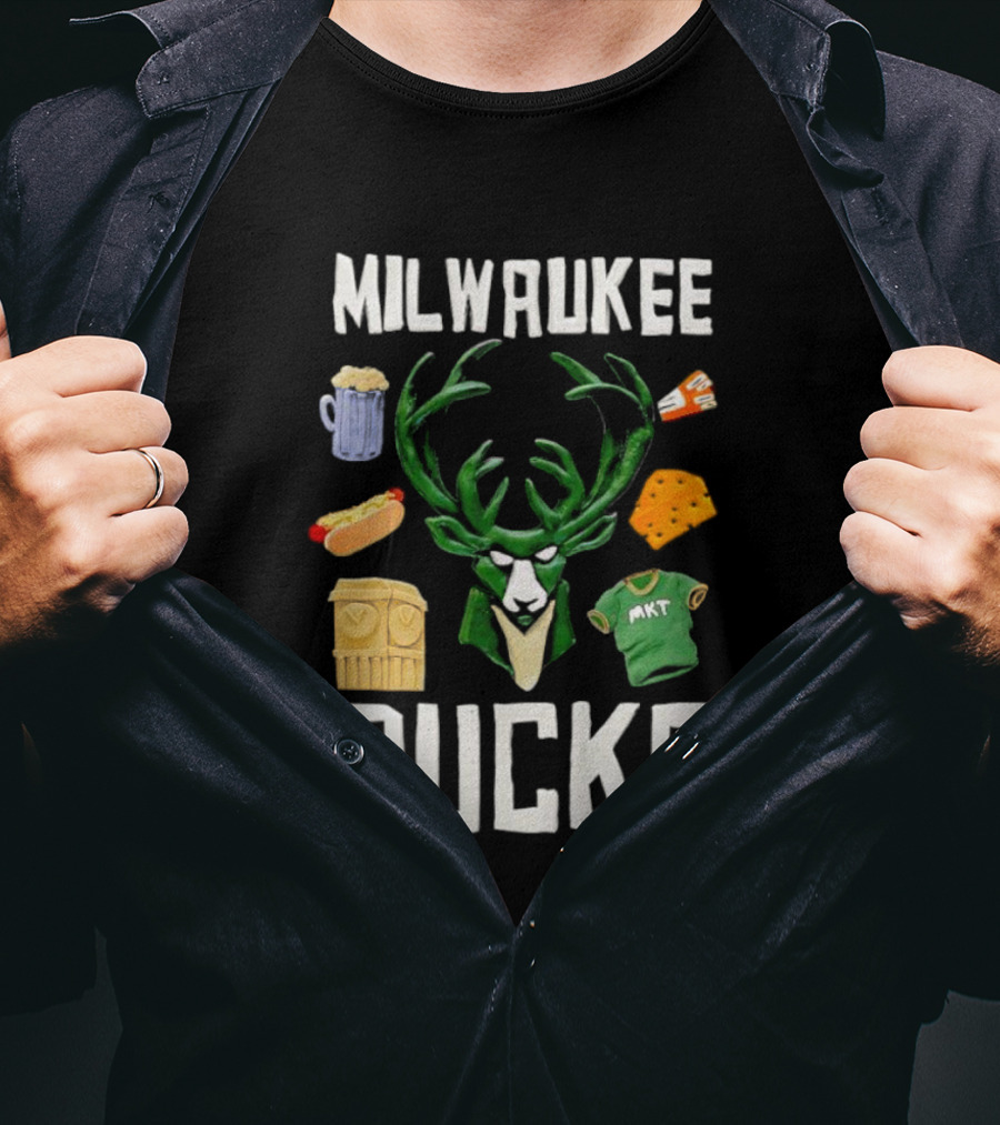 Milwaukee Bucks NBA Market Claymation Deer Cheese Hot Dog Beer T-Shirt