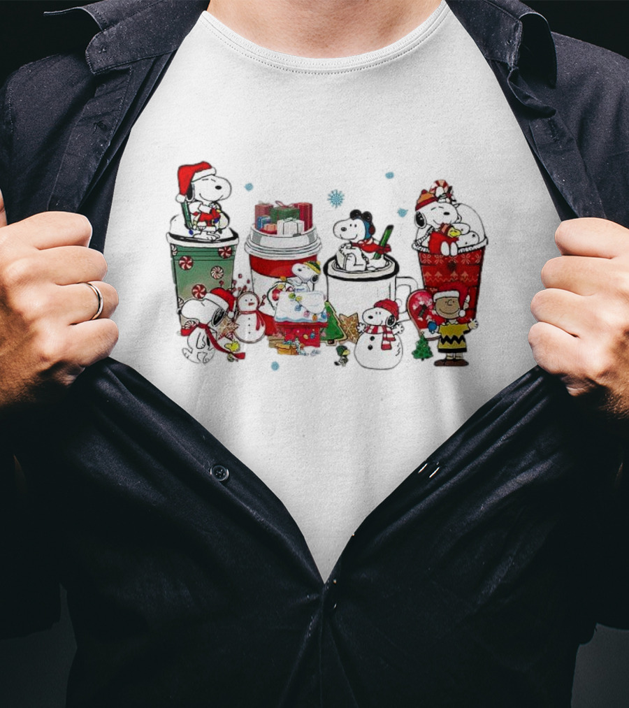 Snoopy And Friends Christmas Coffee Cups Scene Peanuts Holiday T-Shirt