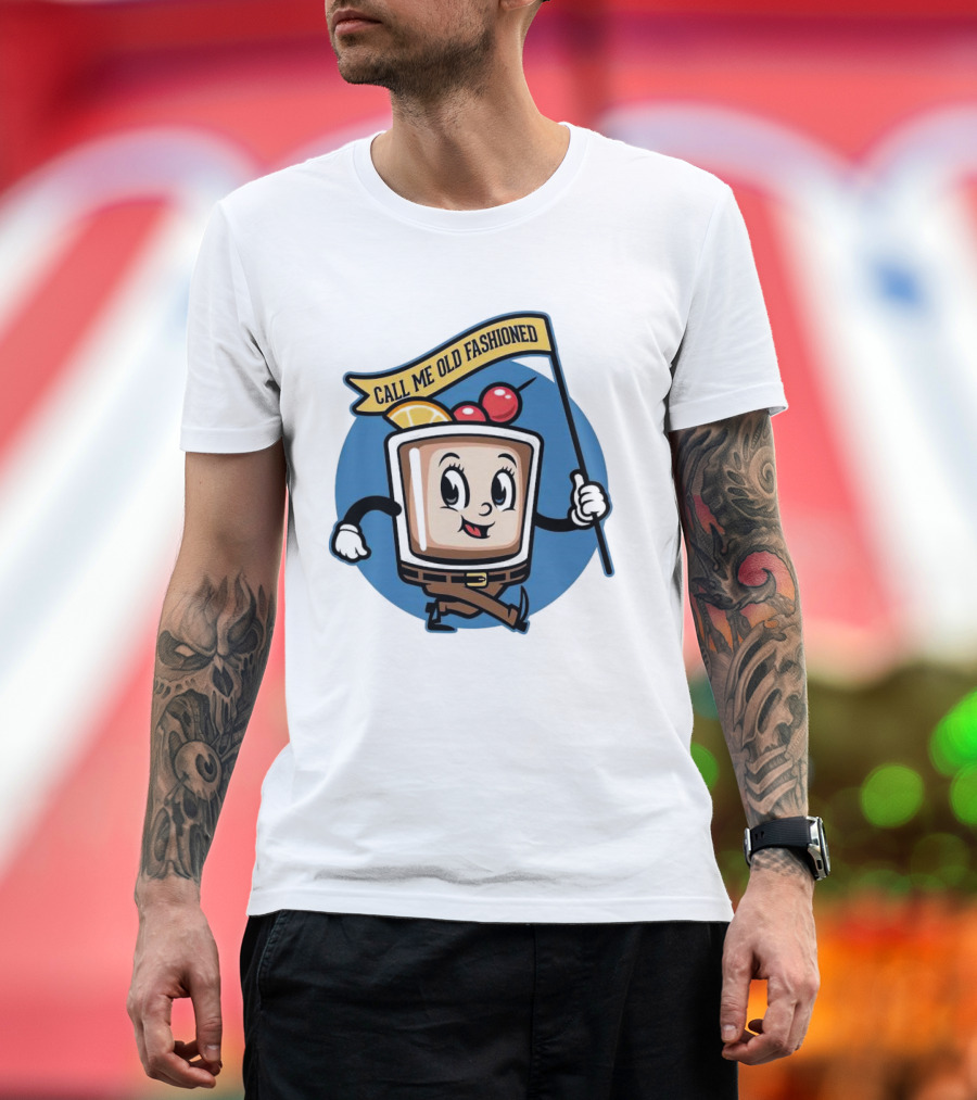 Whiskey Call Me Old Fashioned Cartoon Drink Character with Flag and Cherries T-Shirt