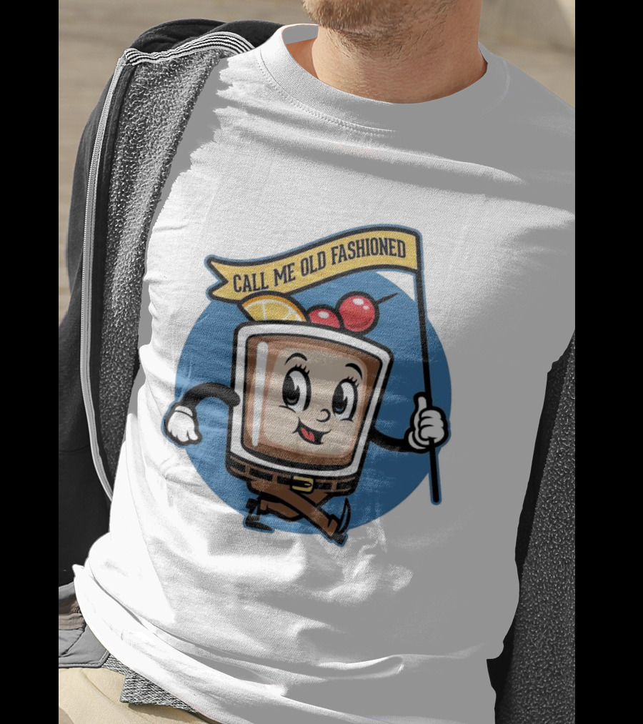 Whiskey Call Me Old Fashioned Cartoon Drink Character With Flag And Cherries T-Shirt