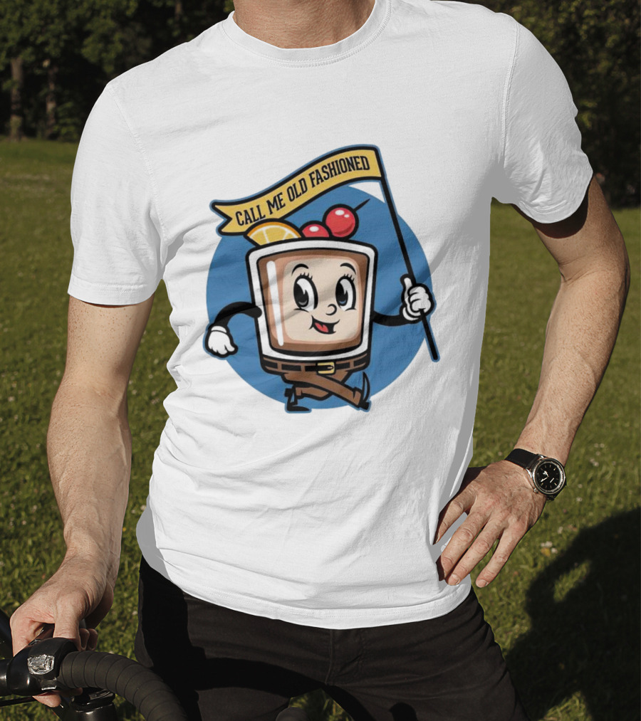 Whiskey Call Me Old Fashioned Cartoon Drink Character With Flag And Cherries T-Shirt