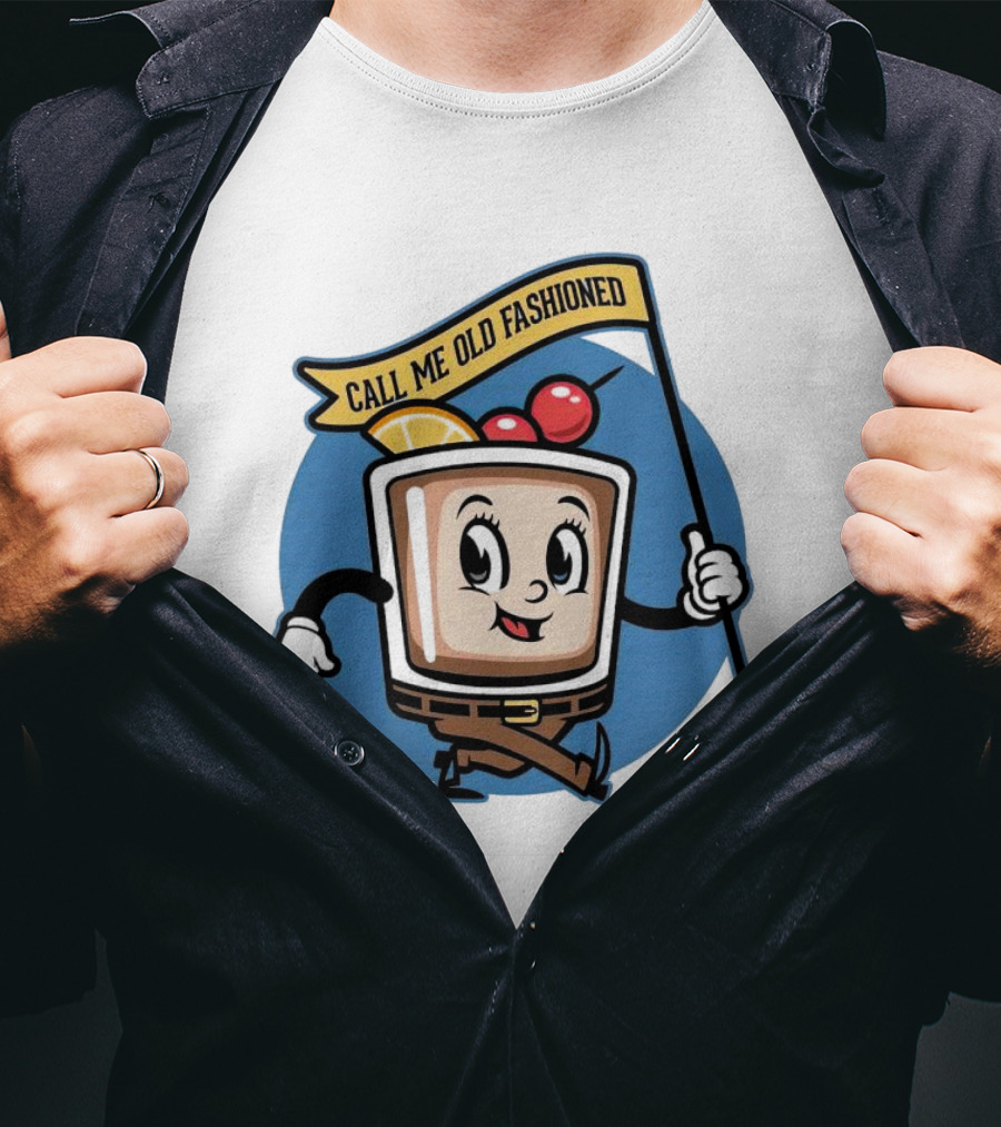 Whiskey Call Me Old Fashioned Cartoon Drink Character With Flag And Cherries T-Shirt