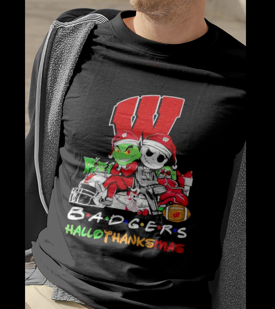 Badgers HalloThanksMas Grinch Jack Skellington Friends Football W T-Shirt