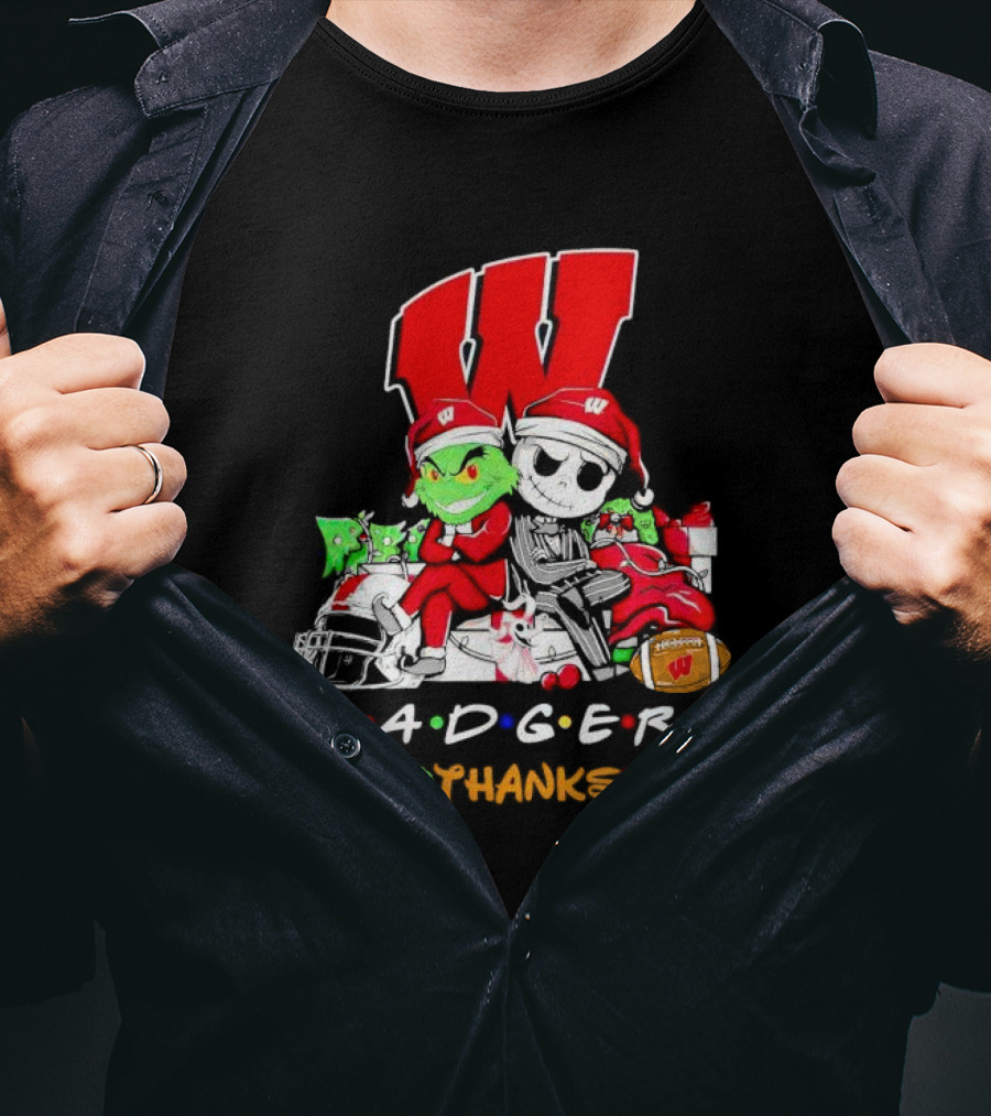 Badgers HalloThanksMas Grinch Jack Skellington Friends Football W T-Shirt