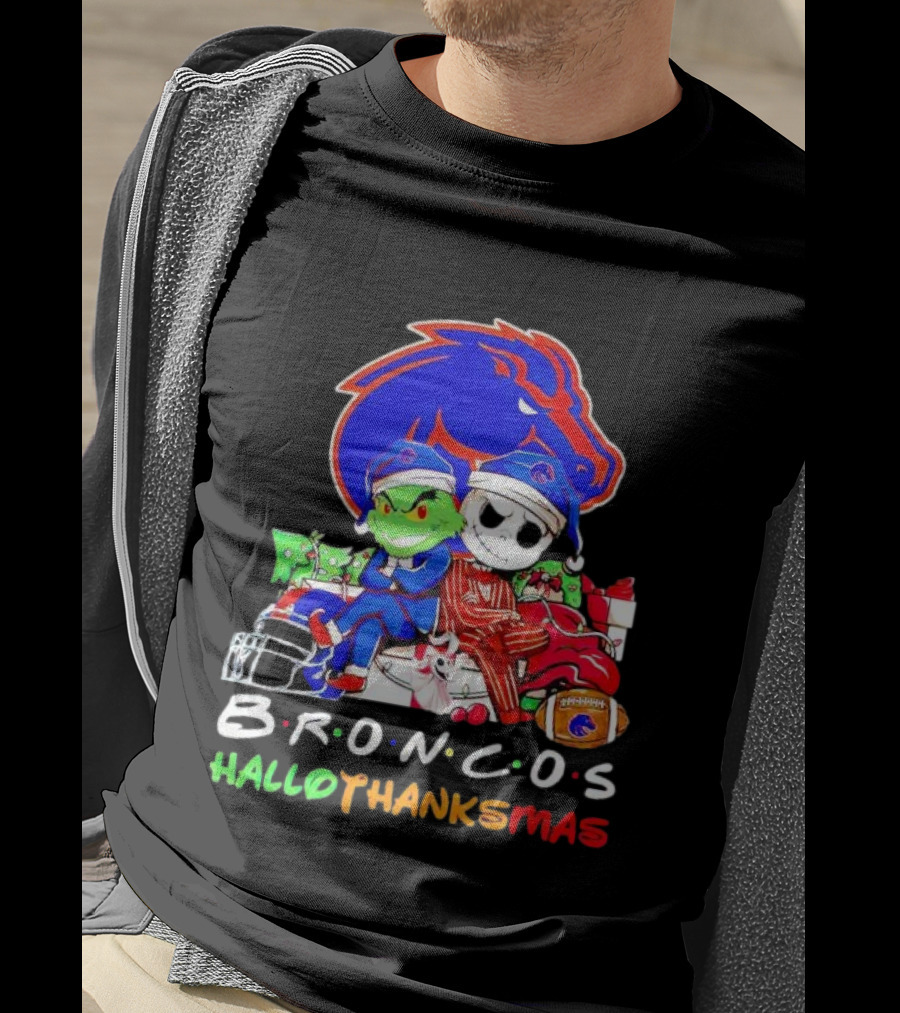 Broncos HalloThanksMas Grinch And Jack Skellington Friends T-Shirt